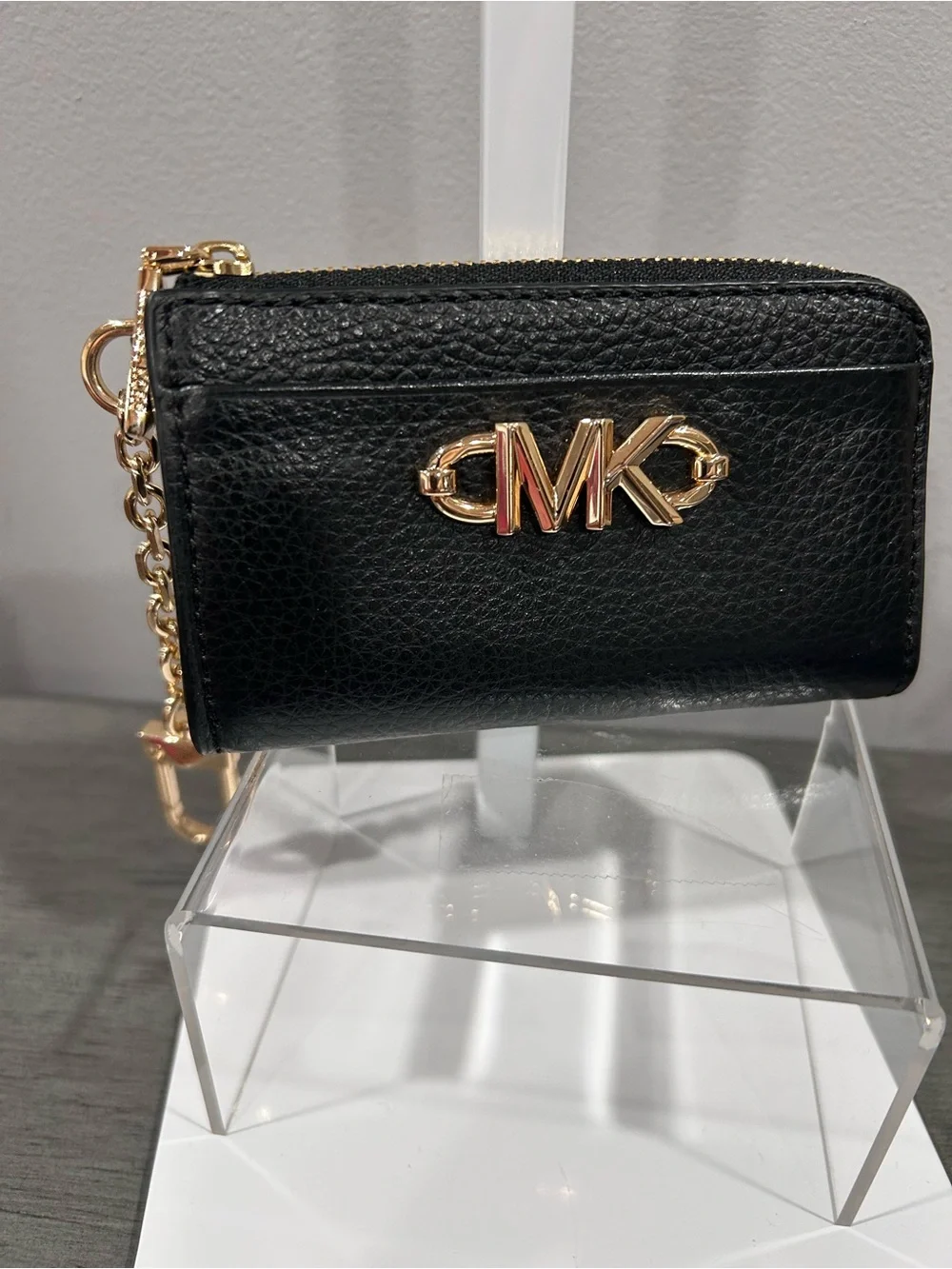 Michael Kors Black Leather MK Logo Zip Card Case